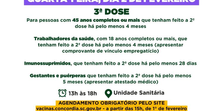 Vacinação de terceira dose nesta quarta-feira (02)
