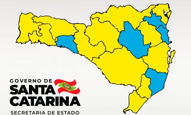Matriz de risco potencial regionalizado aponta cinco regiões no nível moderado (azul) e 12 no nível alto (amarelo)
