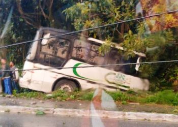 Ônibus com problemas mecânicos atinge automóveis e cai em valeta em São José