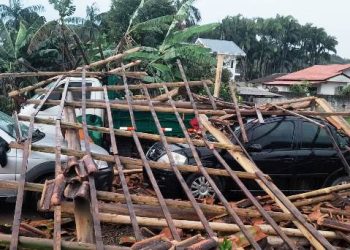 Chuva e vento derrubam galpão sobre veículos na Grande Florianópolis