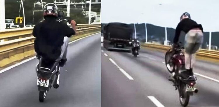Piloto empina moto e faz manobras arriscadas em plena Ponte Pedro Ivo